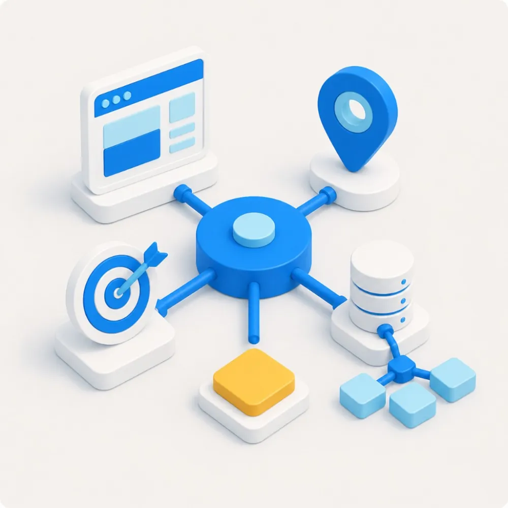 3D illustration of a unified growth system connecting website, local search, targeting, and reporting