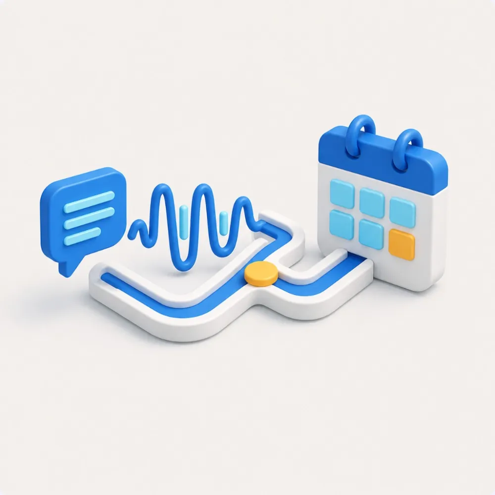 3D illustration of speech, audio, and a calendar connected on a path, representing speech therapy appointment booking