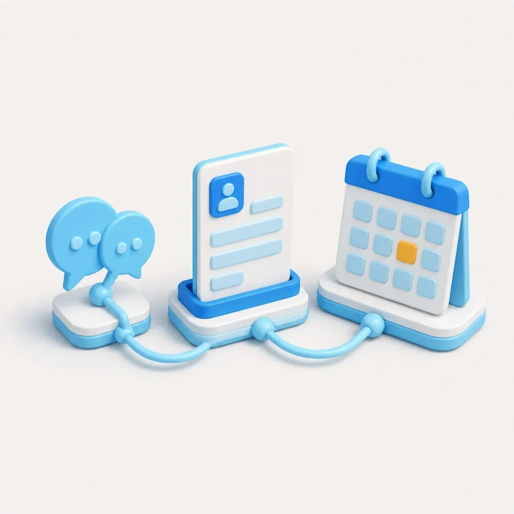 3D illustration of a calendar, client profile, and message card connected in a booking loop for therapist marketing in Toronto