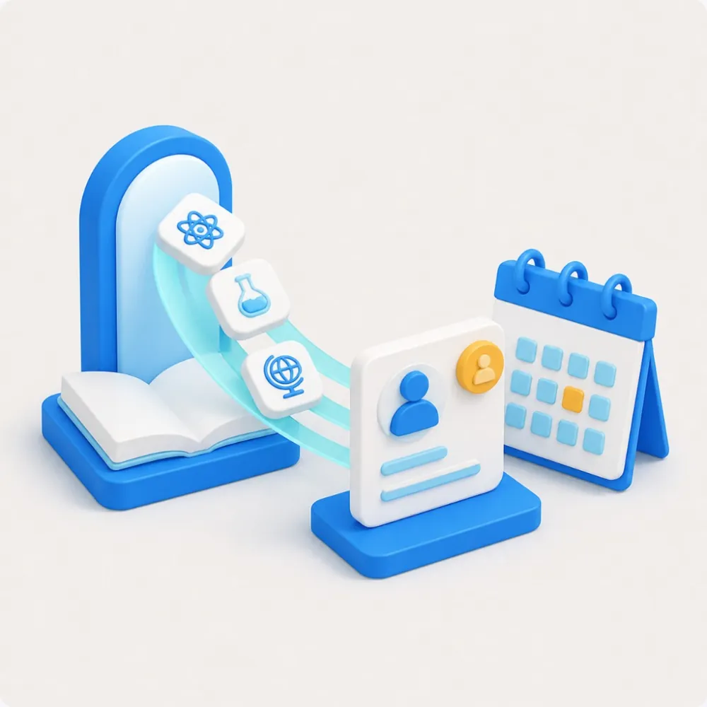 3D illustration of tutoring subjects, a student profile, and an enrollment calendar for tutor marketing