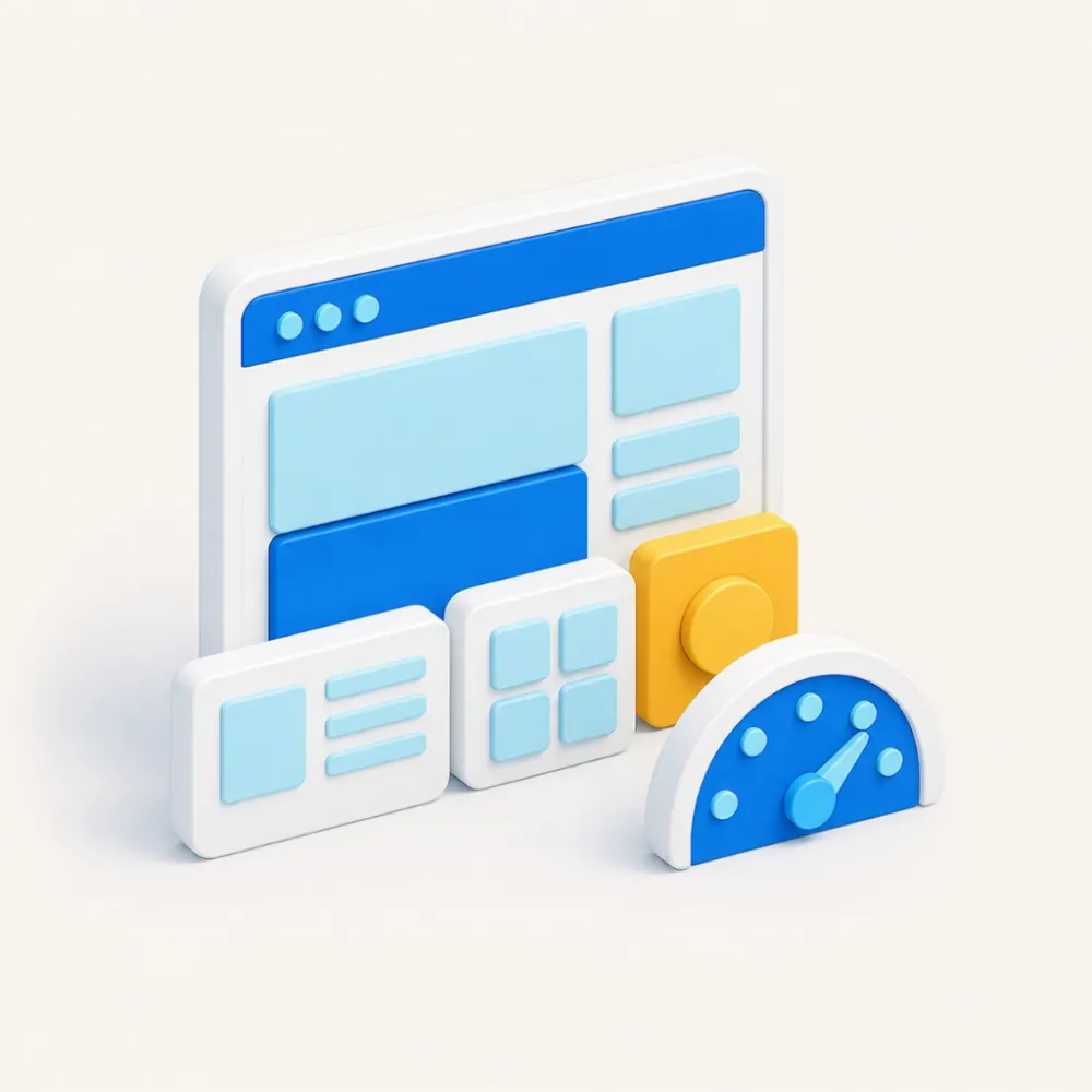 3D illustration of a website layout, content cards, and a performance gauge for conversion-focused web design