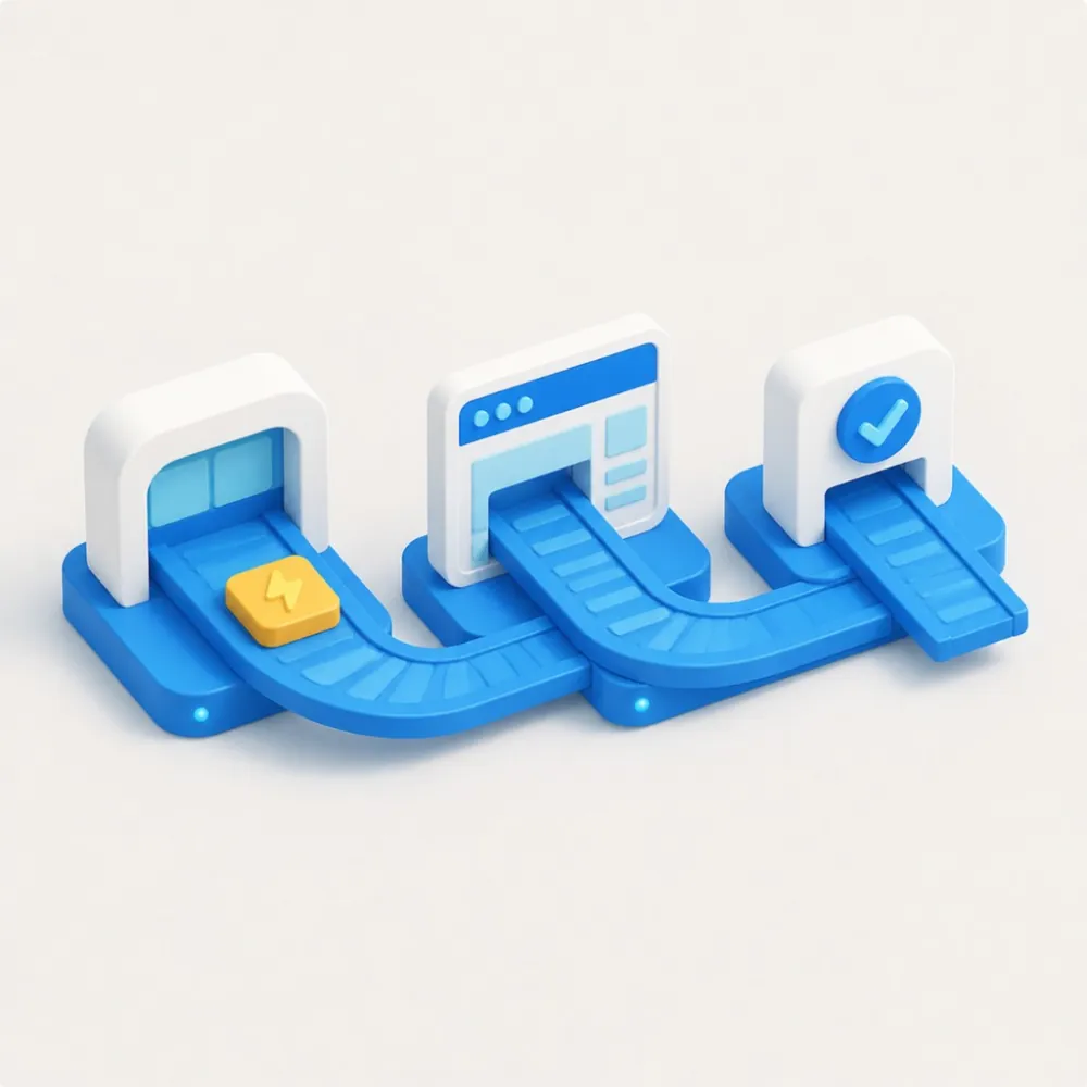 3D illustration of workflow handoffs connecting a calendar, client record, and message on a shared loop
