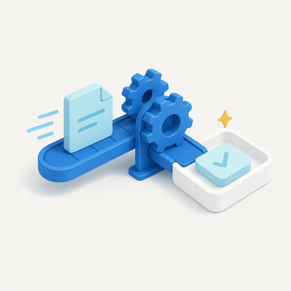 3D illustration of workflow automation processing a document on a conveyor into a completed, checked task